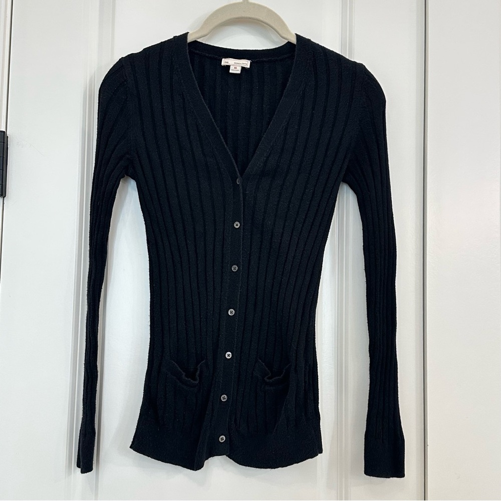 Gap Designed & Crafted Ribbed V-Neck Cotton Blend Stretchy Cardi XS True Black